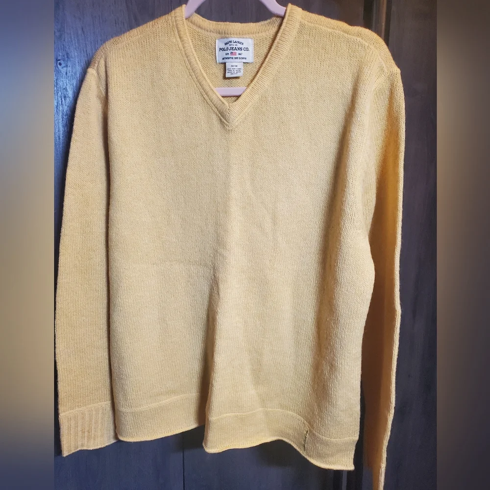 Ralph Lauren V Neck Sweater Polo Jeans Pullover 100% Wool Size Medium Yellow - Picture 1 of 5